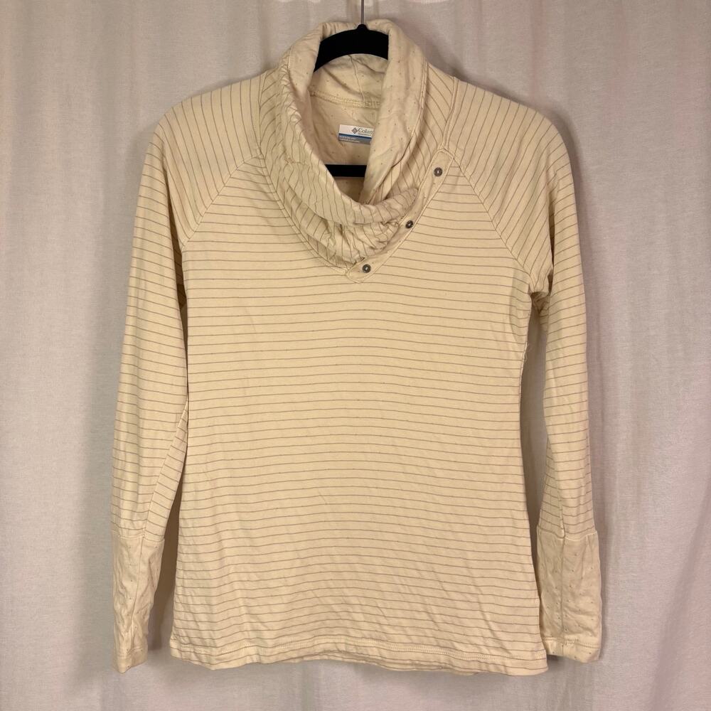 Columbia Striped Cowl Neck Top XS Cotton Snap Collar Cream